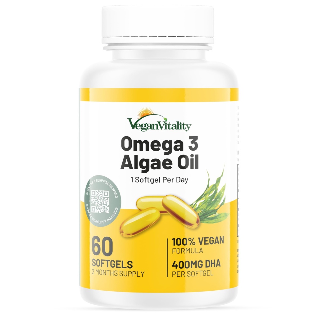 Vegan Vitality Vegan Omega 3 Supplement - 60 Plant Based Algae Oil Soft Gels Essential Fatty Acids med Vegan DHA för gemensamt, hjärta och immunstöd utan EPA