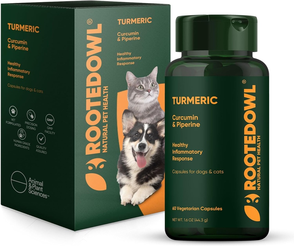Rotad Owl Turmeric - gurkmeja tillskott för hundar och katter - med Curcumin, Piperine och vitamin C för anti-inflammatorisk lättnad - 60/ct