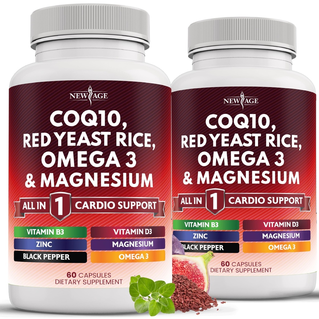 NEW AGE COQ10 200mg Red Yeast Rice 3000mg Omega 3-6-9 3000mg Magnesium Complex 500mg Zinc Vitamin K2 D3 - Vitamins for Women and Men with Vitamin B3, Coenzyme Q10-120 Count