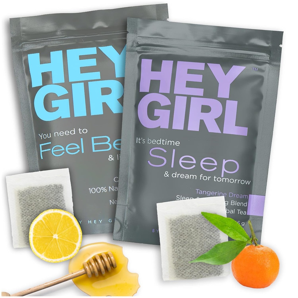 Hey Girl Sleep + Feel Better Tea Bundle - Sleep Tea w/Chamomile, Valerian Root & Lemon Balm i Tea Bags + Känn bättre Herbal Tea med Echinacea, Elderberry, Vitamin C