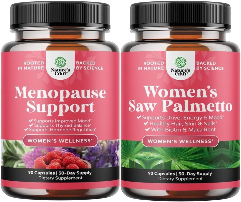 Bundle of Menopause Supplement för Hot Flashes med Dong Quai Vitex Chaste Berry & Black Cohosh & Extra Strength Saw Palmetto för kvinnor 500mg - DHT Blocker Hair Loss Supplement med Maca Root & Biotin