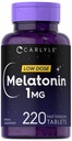 Carlyle Melatonin 1 mg | 220 Snabbupplösta tabletter | Låg Dos | Vegetarisk, icke-GMO, Glutenfri