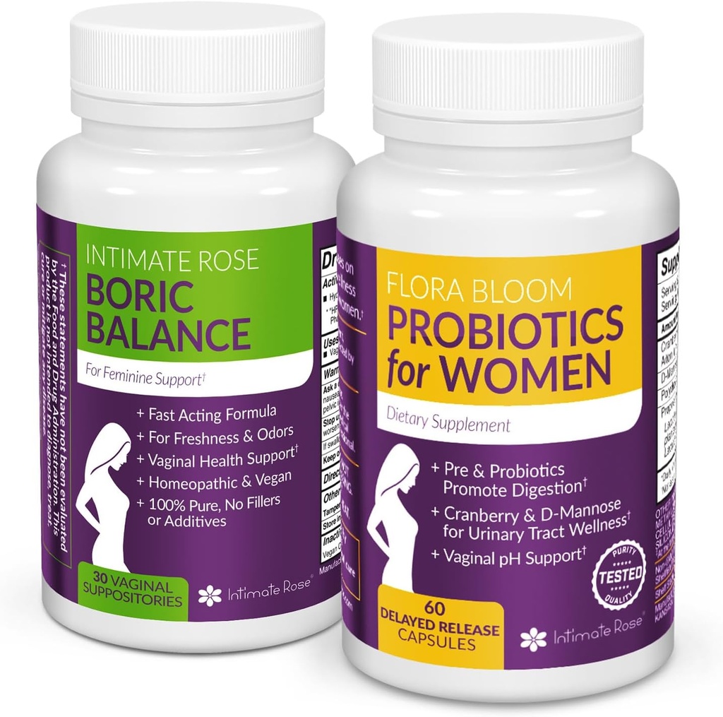 Intim Rose Combo Pack! Flora Bloom Probiotics for Women (One Bottle) och Boric Balance Boric Acid (En flaska) 2 Pack