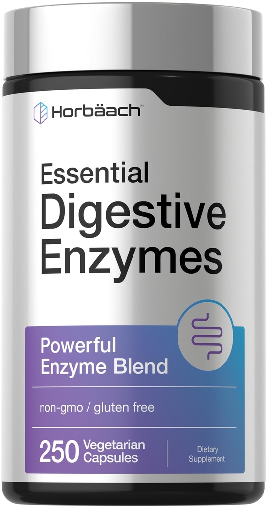 Horbäach Essential Digestive Enzymes | 250 Capsules | Kraftfullt Enzym Blend för Män & Kvinnor | Icke-GMO & Gluten fri tillägg