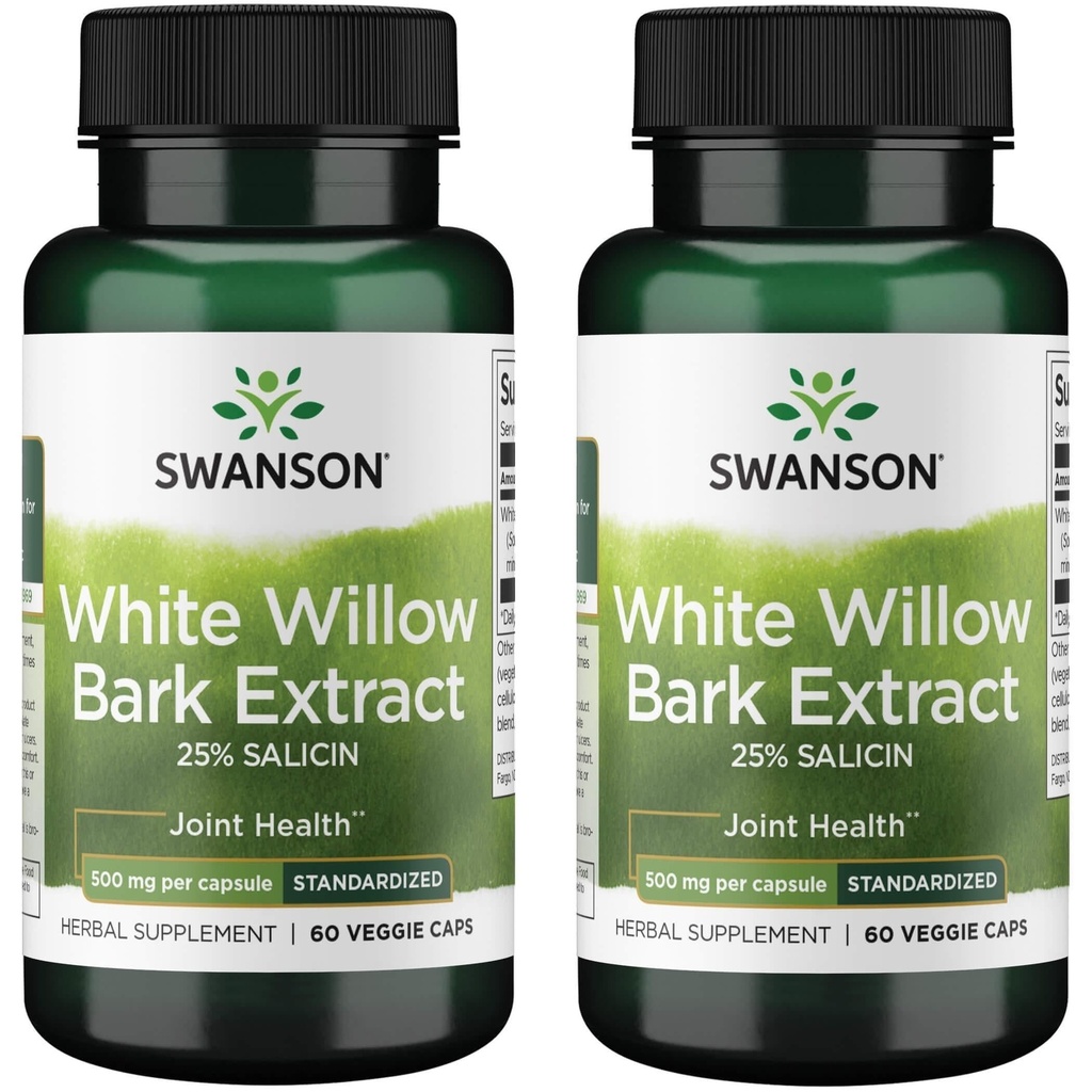 Swanson Maximum Strength White Willow Bark Extract-Promotes Joint Support & Muscle Relief-Standardized till 25% Salicin-Natural Supplement med No Stomach Irritation (60 Veggie Caps, 500mg Varje) 2 Pack