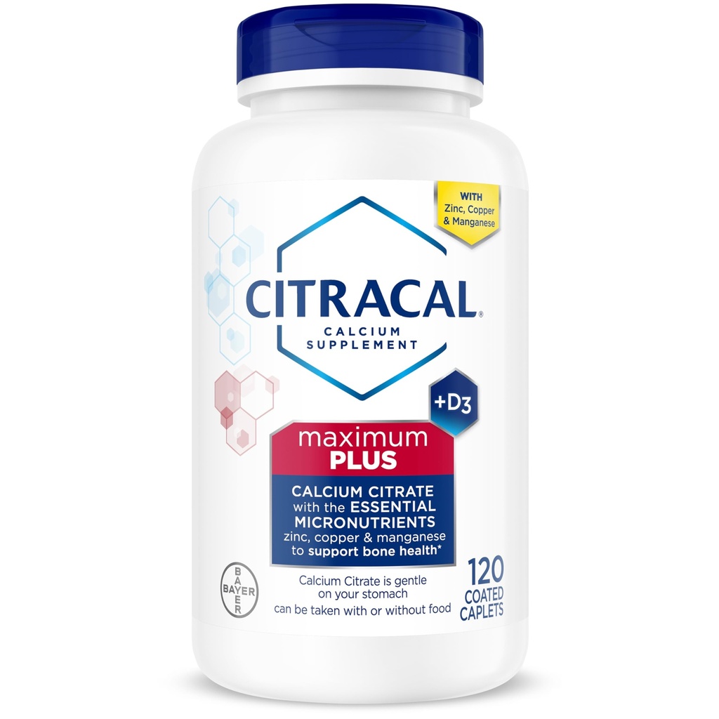 Citracal Maximum Plus, 650 mg Calcium Citrate, lätt absorberad och mycket löslig med 25 mcg (1000 IE) Vitamin D3, Bone Health Support, Calcium Supplement for Ages 12+, 120 Count (Packaging May Vary)