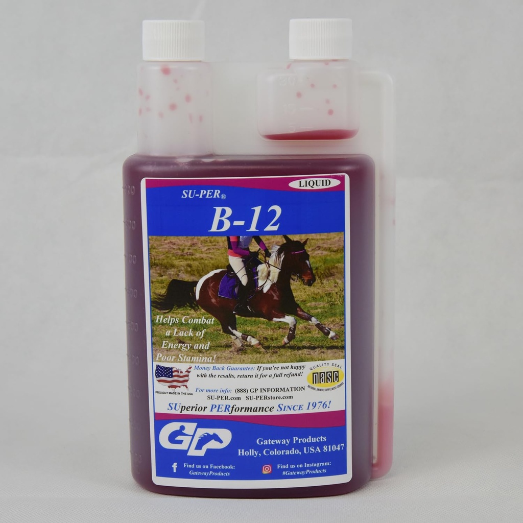 SU-PER B-12 Energy Horse Supplement - Equine Vitamins B-12 & B-9 Folic Acid Support Liquid - Red Blood Cell Production & Stamina Support för Peak Performance - Kvart, (2 Pack)