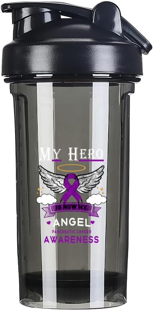 Min hjälte är nu min ängel bukspottkörtelcancer 18 Ounce Shaker Bottle Drink Mixer Leak-proof Pre Workout Protein Shakes Meal Replacement Shakes Bottles 500ML / 18 Oz Black