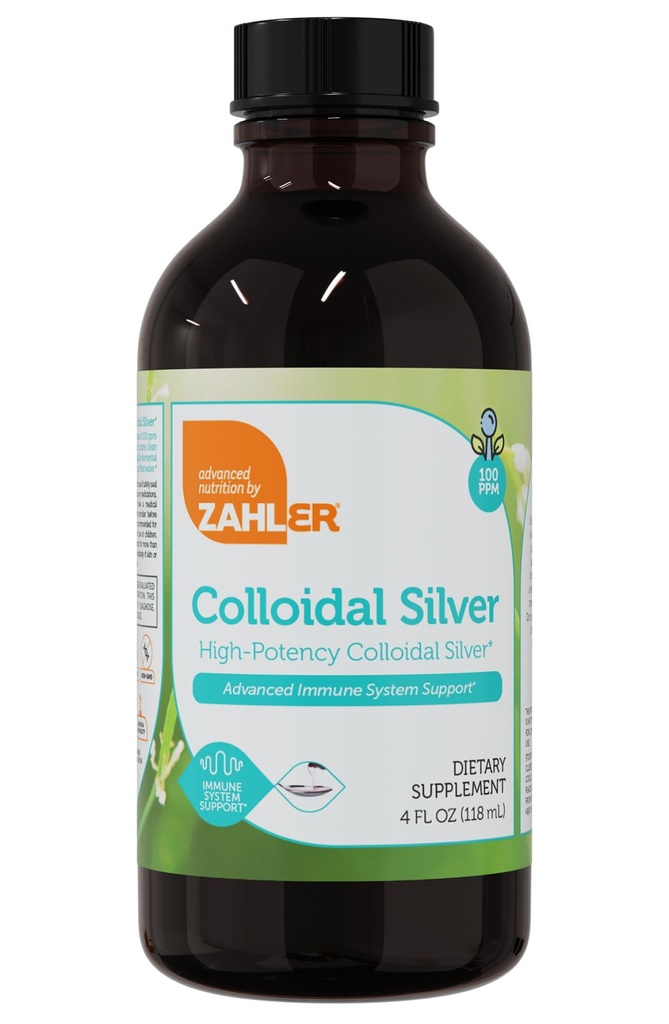 Zahler Colloidal Silver Liquid - Avancerat immunstöd och allmän hälsa - 100 PPM Bio-Active Liquid Silver Colloidal Liquid - Kosher Vegetarian Non-GMO Structured Colloidal Silver Water (4 fl oz)