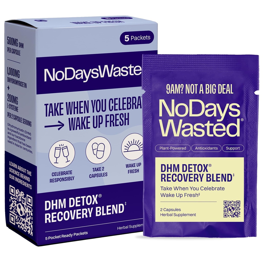 No Days Wasted DHM Detox 5 Portable Servings - Optimerad Blend av DHM (Dihydromyricetin Supplement) och vitaminer att ta under kvällen för bättre nästa dag och återhämtning