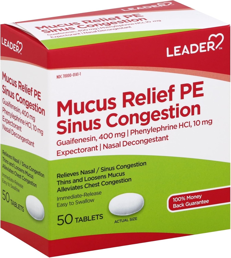 Leader Mucus Relief PE Sinus Congestion, Expectorant; Nasal Decongestant, Thins och Loosens Mucus, Immediate-Release, lindrar Chest Congestion, 50 tabletter