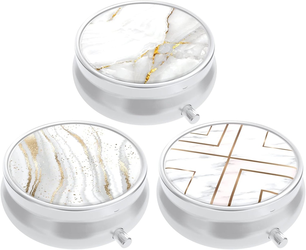 3 Pack Pill Box, Small Pill Case för Purse & Pocket, Cute Travel Medicine Organizer, Portable Medicine Container Holder för att hålla Vitaminer, Medicinering, Fish Oil & Supplement, White Marble