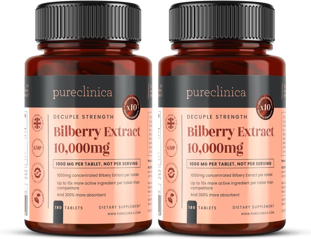 pureclinica Bilberry Extract 10,000mg x 360 tabletter (2 flaskor) - 10 X More Anthocyanidins per tablett än de flesta andra - och 5mg Black Pepper Extract för 300% Ökad Absorption