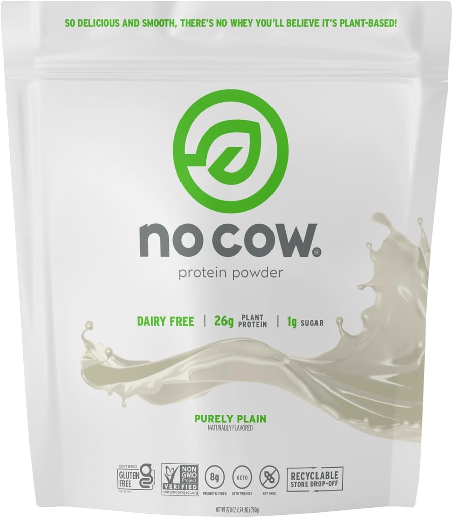 No Cow Vegan Protein Powder, Purely Plain, 26g Plant Based Protein, Recyclable Bag, Dairy Free, Soy Free, No Sugar Added, Keto Friendly, Gluten Free, Naturally Sweetened, Non GMO, Kosher, 1.74 Pound