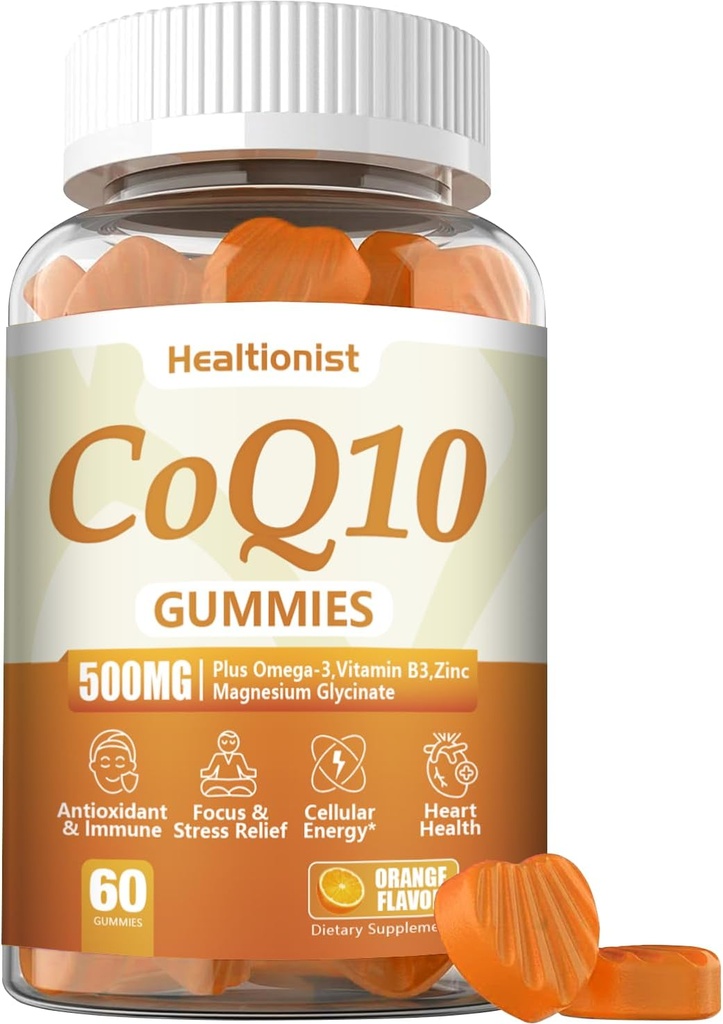 1 Pack 500MG Coq10 Gummies - 3X Better Absorption, Plus Omega-3, Magnesium, Vitamin B3 & Zink - Coenzyme Q10 Supplements for Heart Health, Cellular Energy & Antioxidant, Vegan, 60 Counts