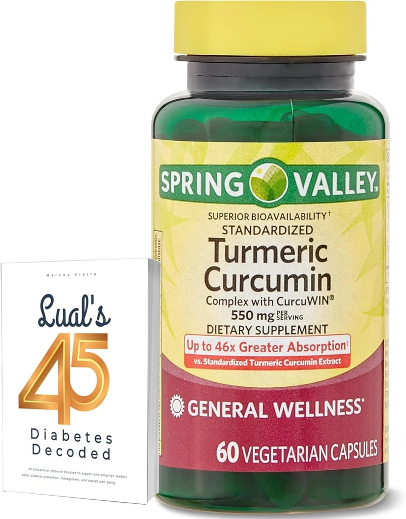 Spring Valley Turmeric Curcumin Supplement Bundle med Luals 45 Diabetes Decoded | Komplex med CurcuWin | Kosttillskott | 550 mg, 60 kapslar