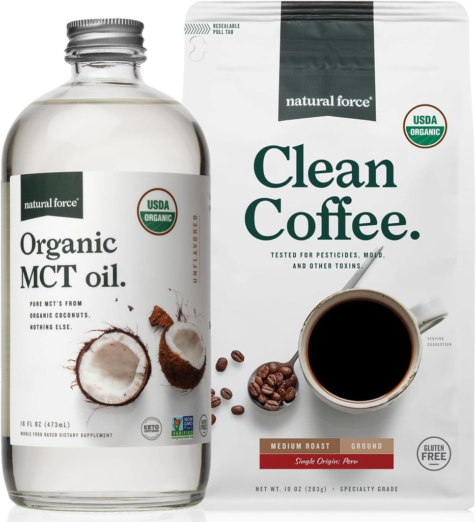 Natural Force Organic Ground Clean Coffee + Organic MCT Oil Bundle - 100% Pure Coconut MCTs & Mold & Mycotoxin Free Coffee - Non-GMO, Keto, Paleo och Vegan - 10 Oz Bag och 16 Oz Glas Bottle