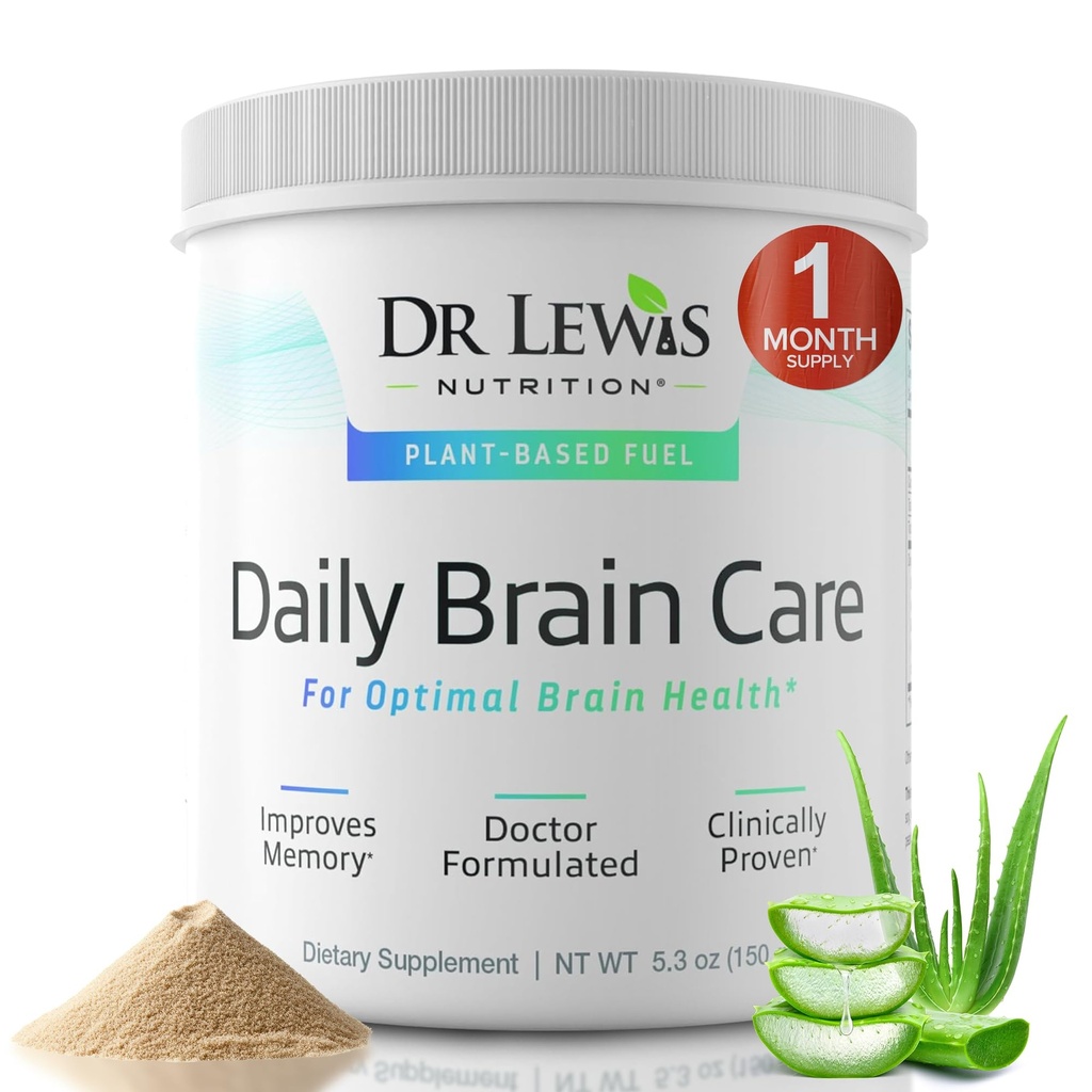 Hjärntillskott för minne och fokus - Dr Lewis Daily Brain Care Powder med Aloe Vera - Plant-Based Nootropic and Energy Supplement for Brain Fog, Mental Clarity och Immune Support - Powder, 150g