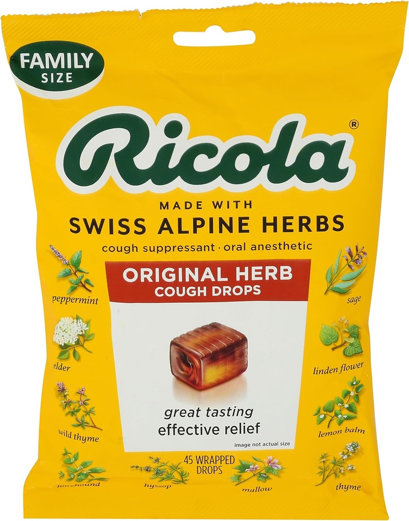 Ricola Original Herb Cough Drops, 45 Count, Cough Suppressant & Throat Relieving Drops med naturligt källad Menthol, Pleasing Herbal Taste för hosta & Throat Irritation Symptom Relief