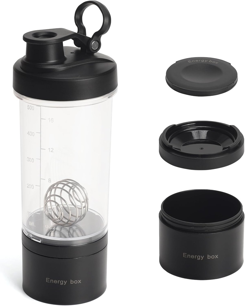 Blender Protein Shaker Tritan Bottle med Pill/Powder Storage Container för Protein Shakes-pre träning flask-Mixer Cup-Gym Sport Water Bottle med Wire Whisk Balls Black