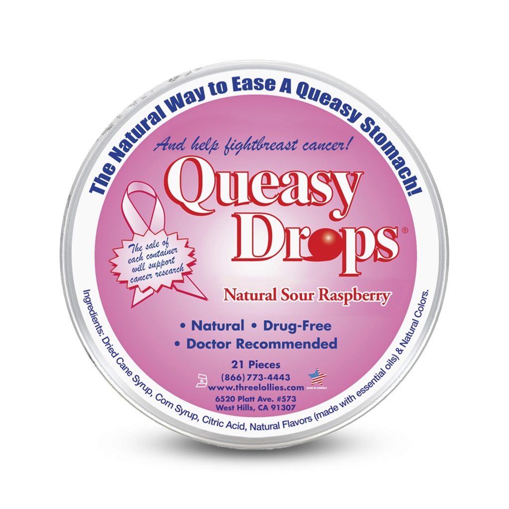 Tre Lollies Queasy Drops - Sour Raspberry Flavor - Travel Sickness & Nausea Relief, lugnande mage och torr mun, naturliga ingredienser - 21 ct