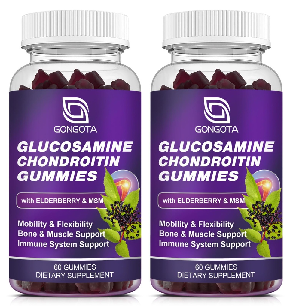 Glukosamin Chondroitin Gummies - 2- Pack, Extra Strength 1500mg Glukosamin med MSM & Elderberry, flexibilitetsstöd, bästa brosk och immunsupport tillskott för män och kvinnor - 120 räkning