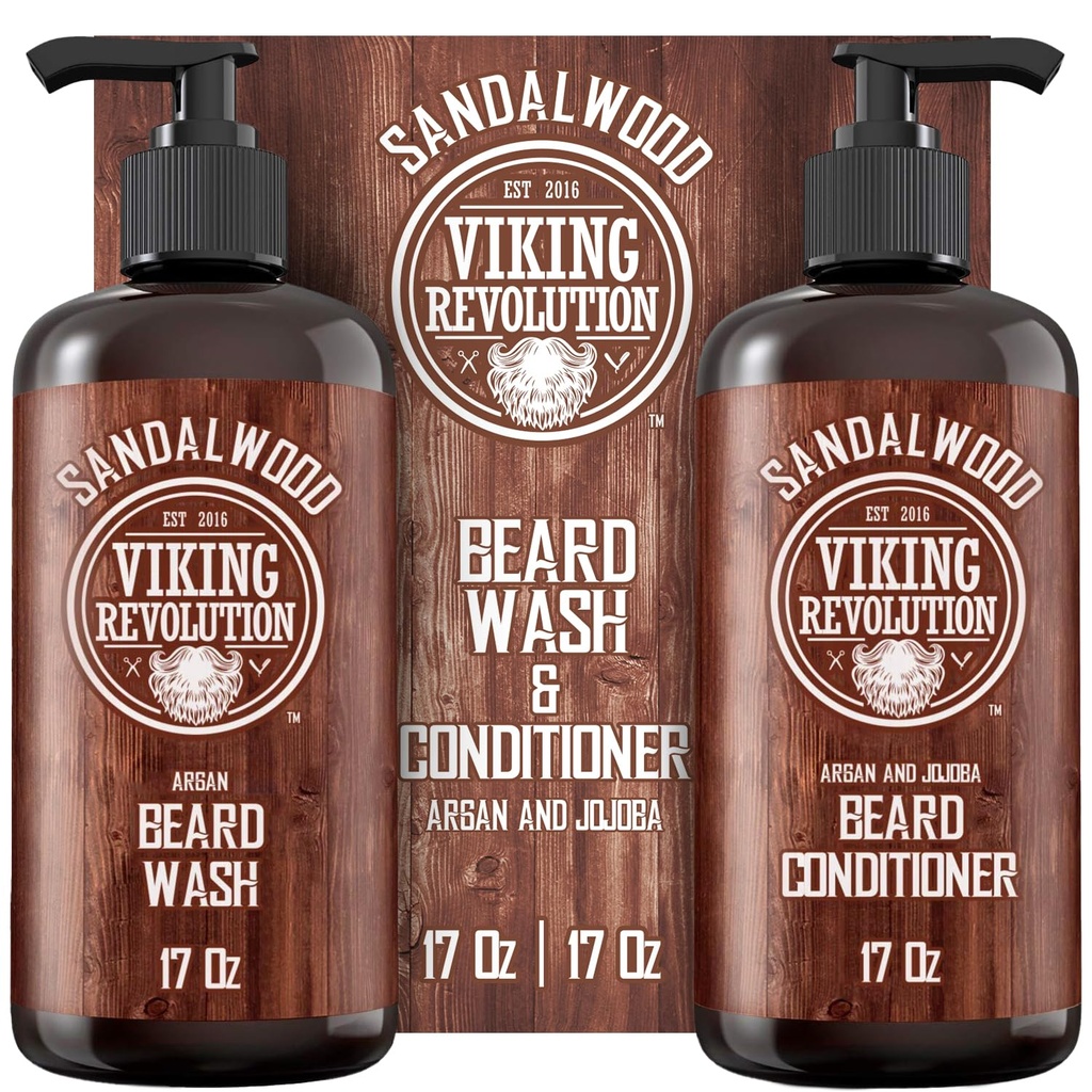 Viking Revolution Beard Wash & Beard Conditioner Set with Argan & Jojoba Oils - Softens and Strengthens - Natural Sandalwood Scent - Beard Shampoo med Beard Oil (17 oz)