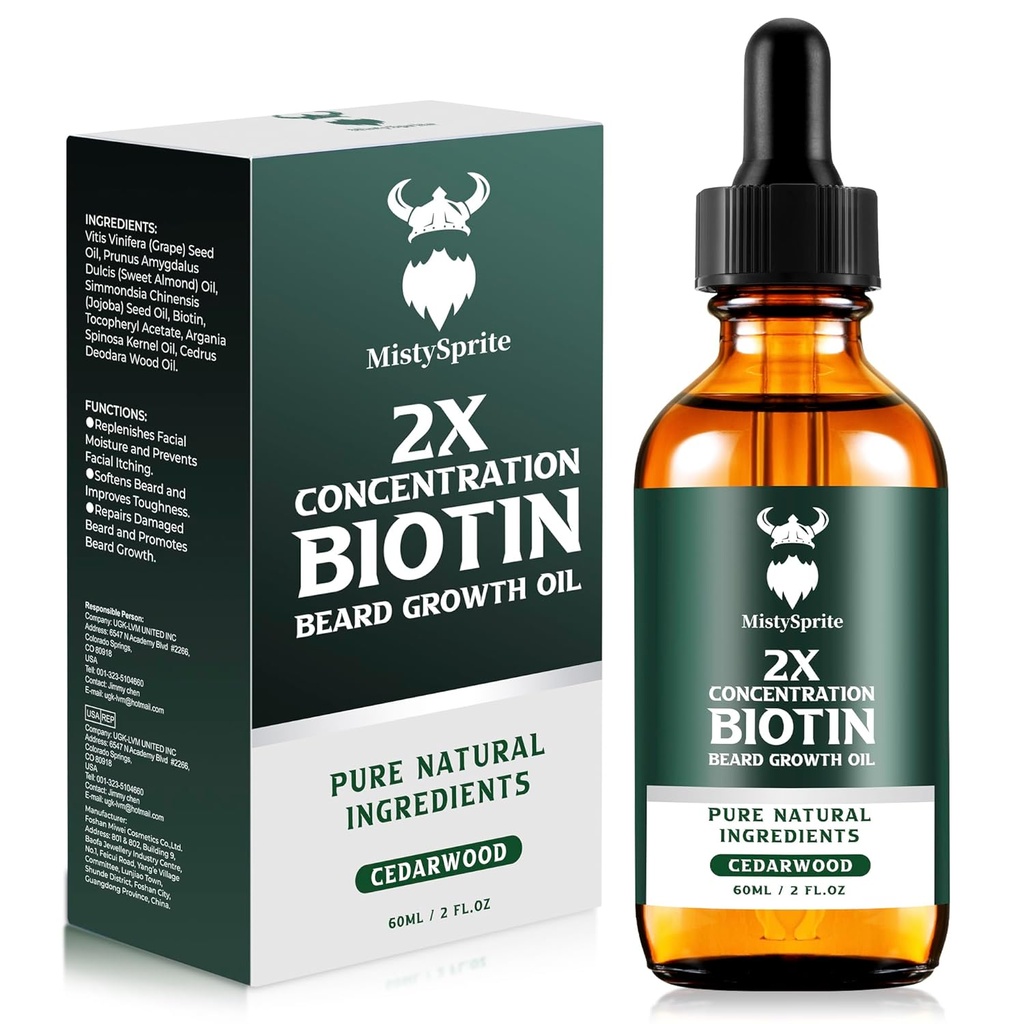 Beard Growth Oil - 2X Concentration Biotin Beard Oil för Män (2 oz) - Natural Mens Beard Oil med Argan Oil, Jojoba Oil och Vitamin, Beard Growth Softener, Moisturizer (Cedarwood)