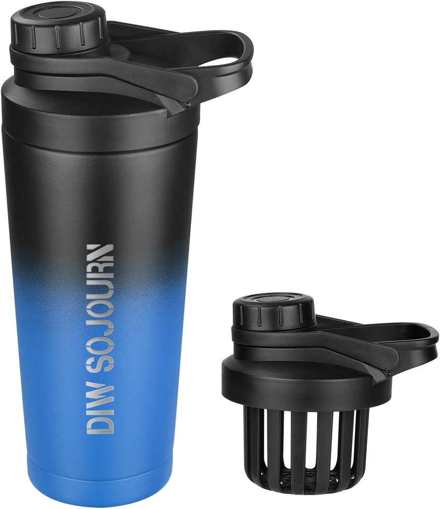 DIW 24 oz Shaker Bottle, Rostfritt stål Mix Bottle med bullerfri design, isolerad metall Shaker Cup för proteinblandningar och Pre Workout, Gym Cup Shaker (Black & Blue)