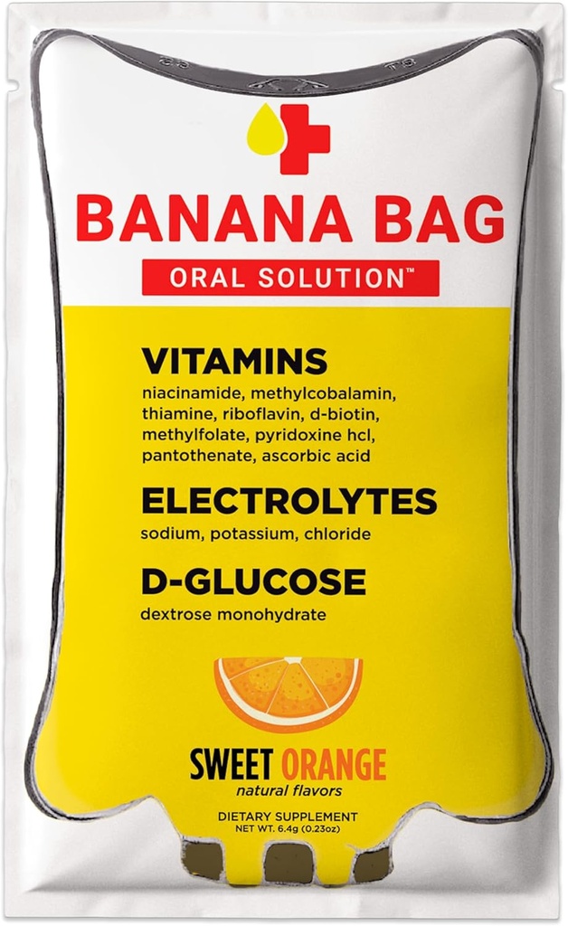 Banana Bag Oral Solution Recovery Packets - Sweet Orange 15pk | En uppfriskande blandning av elektrolyter, vitamin C och B-komplex för hydrering och energi. Bekväm, Easy-to-Mix och perfekt för alla livsstilar.
