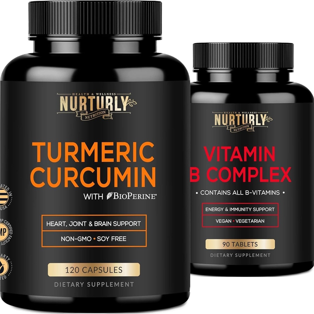 Vitamin B-komplex och gurkmeja Curcumin - innehåller alla väsentliga B-vitaminer - B1, B2, B3, B5, B6, B7, B9, B12 och Biotin - High Absorption Turmeric Supplements 1300mg för gemensam, hjärthälsa