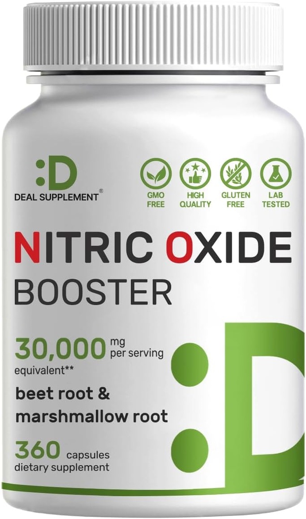 DEAL SUPPLEMENT Nitric Oxide Booster 30.000mg Equivalent, 360 kapslar - Natural Beet Root & Marshmallow Root Herbal Blend - Främjar näringsflöde till muskler och hjärta - Icke-GMO