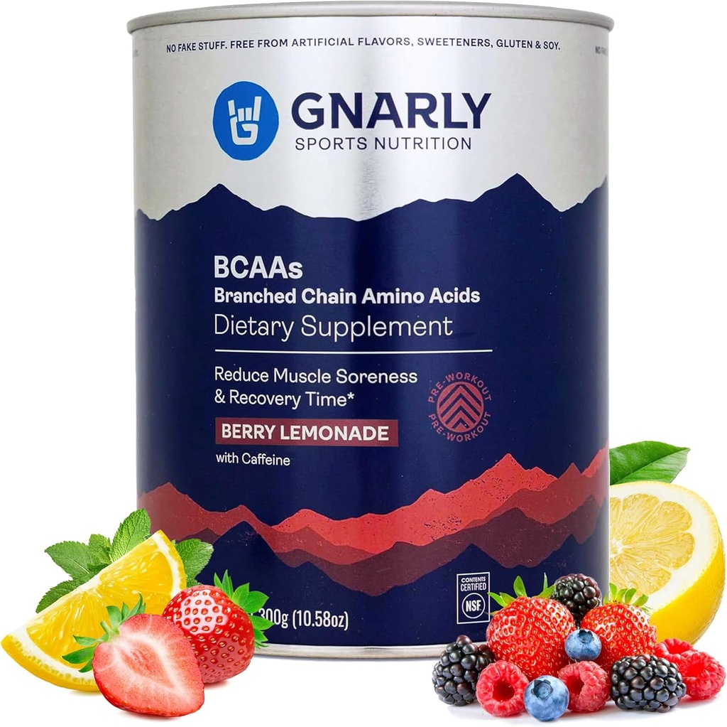 Gnarly Nutrition BCAA Powder, Berry Lemonade - Pre-Workout BCAAS Amino-syror - NSF Sport Certified - Tillägg för att stödja och bygga muskler - Berry Lemonade med koffein, 10,58 oz