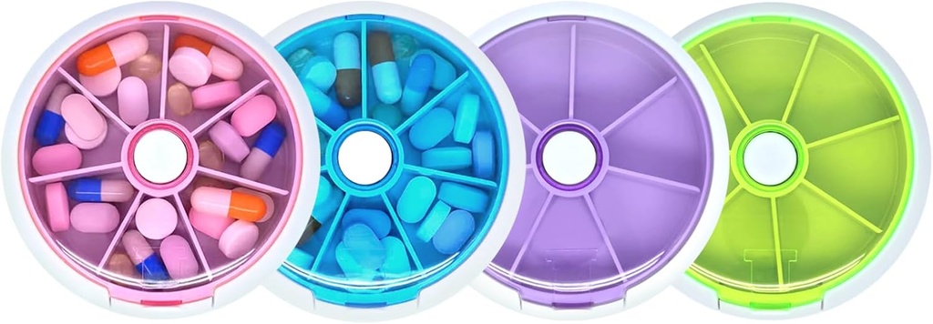 Pill Organizer Travel Pill Case för Purse Portable Pill Box Round Weekiy Pill Container för vitamin Fish Oil Pills Supplements (4PCS)