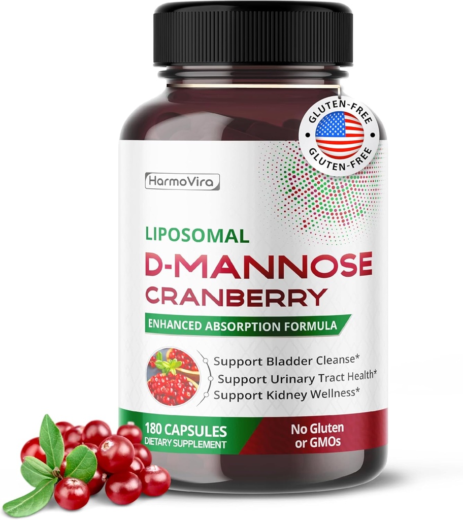 Liposomal D-Mannose Cranberry Supplement - 180 kapslar | Uva Ursi, Hibiscus, Black Pepper | Förbättrad Absorption Formel | Non-GMO, Gluten-Free