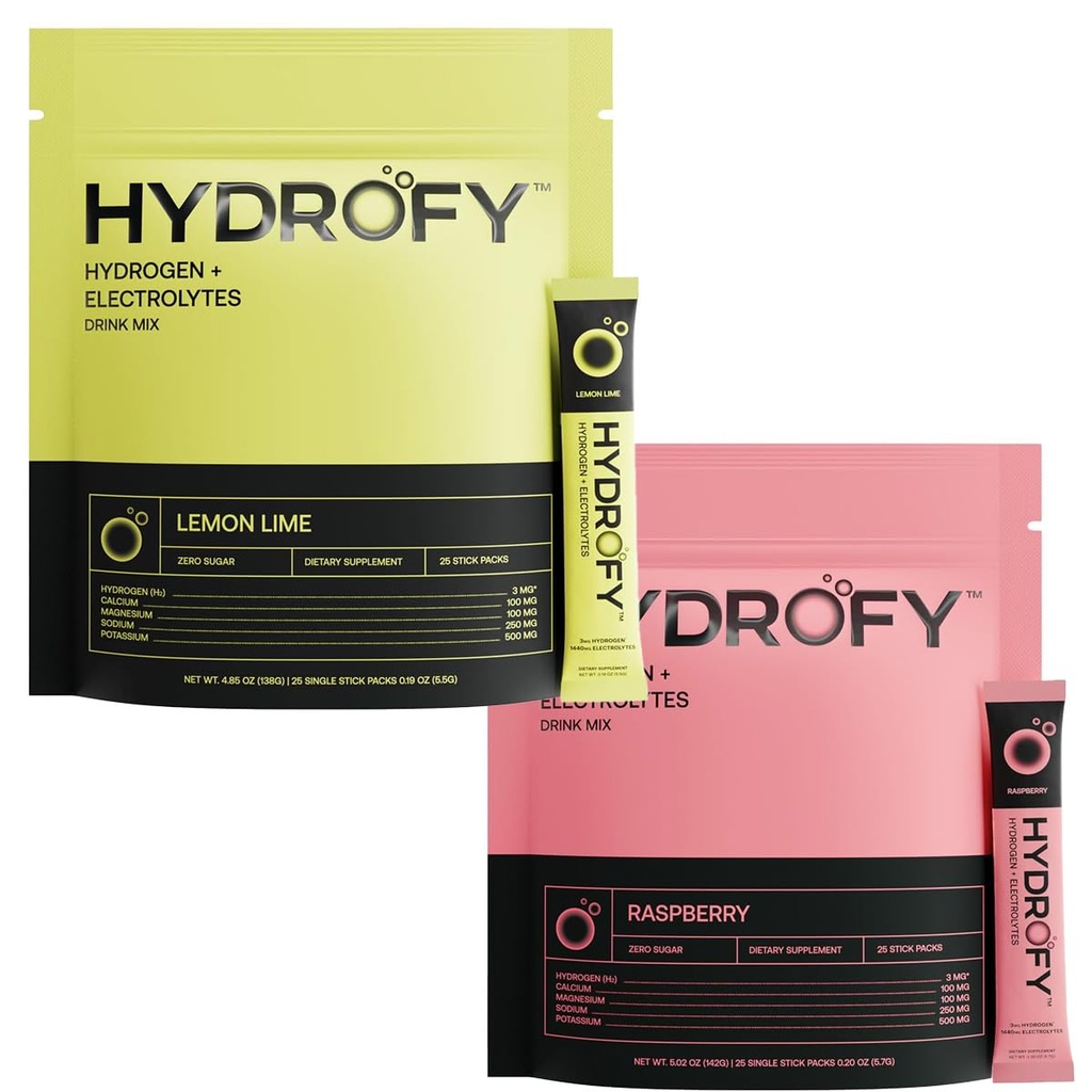 Hydrogen Water + Electrolytes Drink Mix Raspberry och Lemon Lime Bundle 50 portioner | Superior Hydration Packets med molekylärt väte (H2), Natrium, kalium, magnesium, kalcium och mineraler