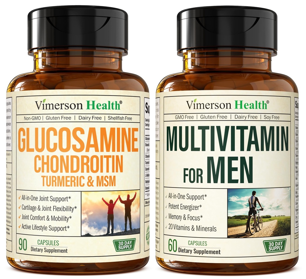 Glukosamin chindroitin gurkmeja MSM + Mäns multivitamin 2-flaska tilläggsbunt för honom. gemensam hälsa, inflammatoriskt svar, immunstöd, antioxidantegenskaper