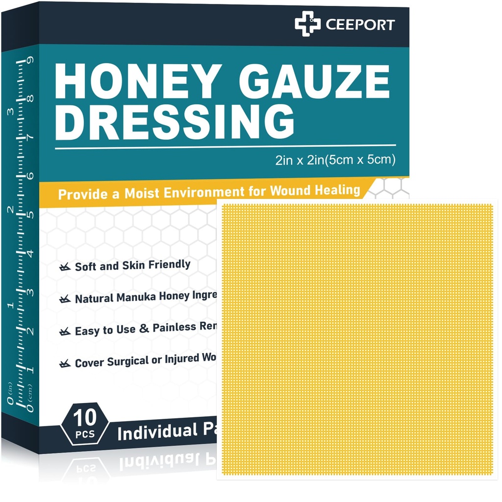 Manuka Honey Gauze Wound Dressing 2 "x 2", 10 Pack Manuka Honey Wound Care Pads, Medical Grade Honey Bandages for Wound Care, Honey Patch for Faster Healing from Burns,Abrasions, Cuts and Scalds