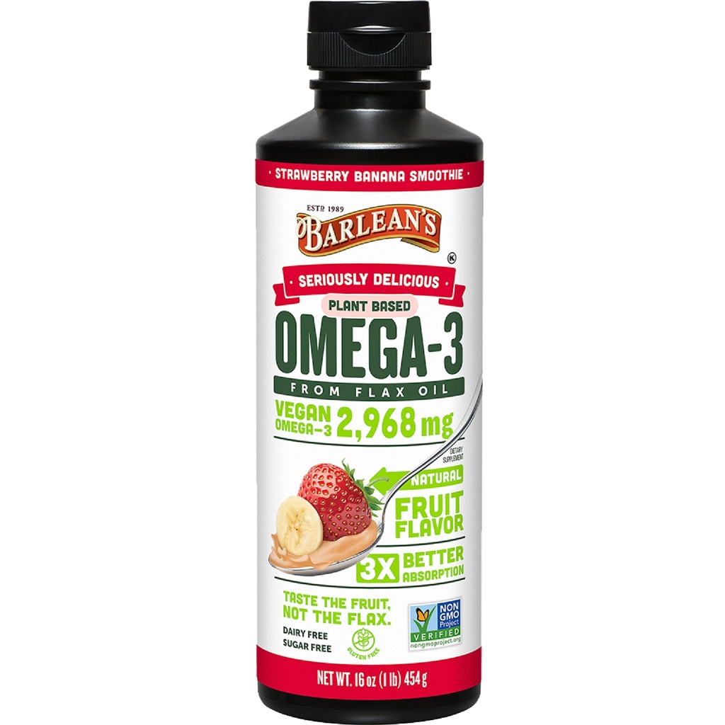 Barleans Vegan Omega 3 6 9 Flaxseed Oil Liquid Supplement, Strawberry Banana Smoothie, Flax Seeds Oil med 2 968 mg ALA Fatty Acid, Non-GMO och Gluten Free, 16 oz