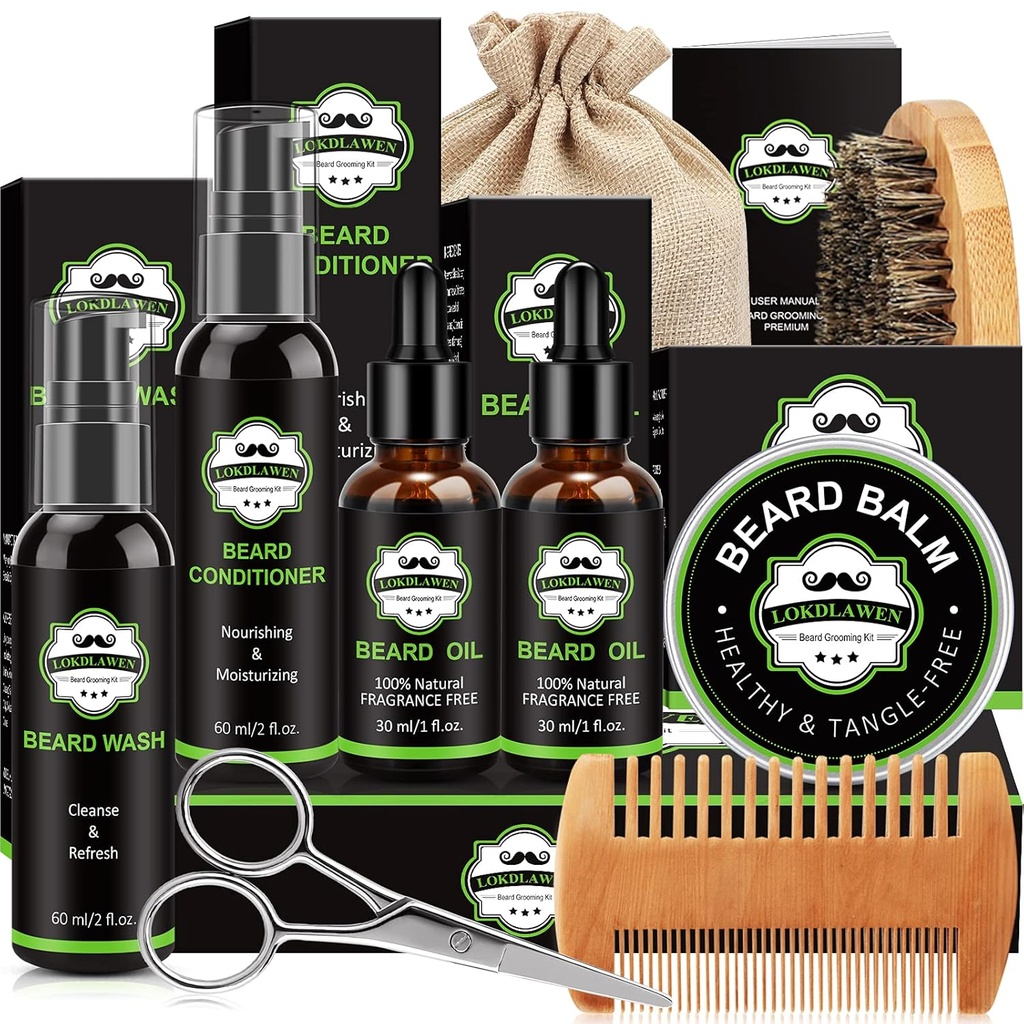 Beard Kit för män med skägg tvätt, skägg Conditioner, skäggolja, skägg Balm, Borste, Comb, saxar, lagringsväska, gåvor för män pappa man pojkvän