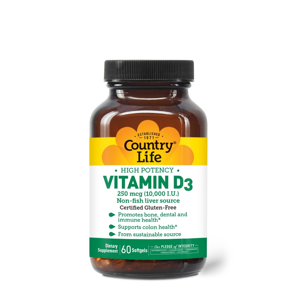 Country Life Vitamin D3 10 000 IE - High Potency, Non-Fish Source | Bone, Immune & Colon Health Support | 60 Softgels | Certified Gluten-Free, Clean Formel med MCT Oil för bättre absorption