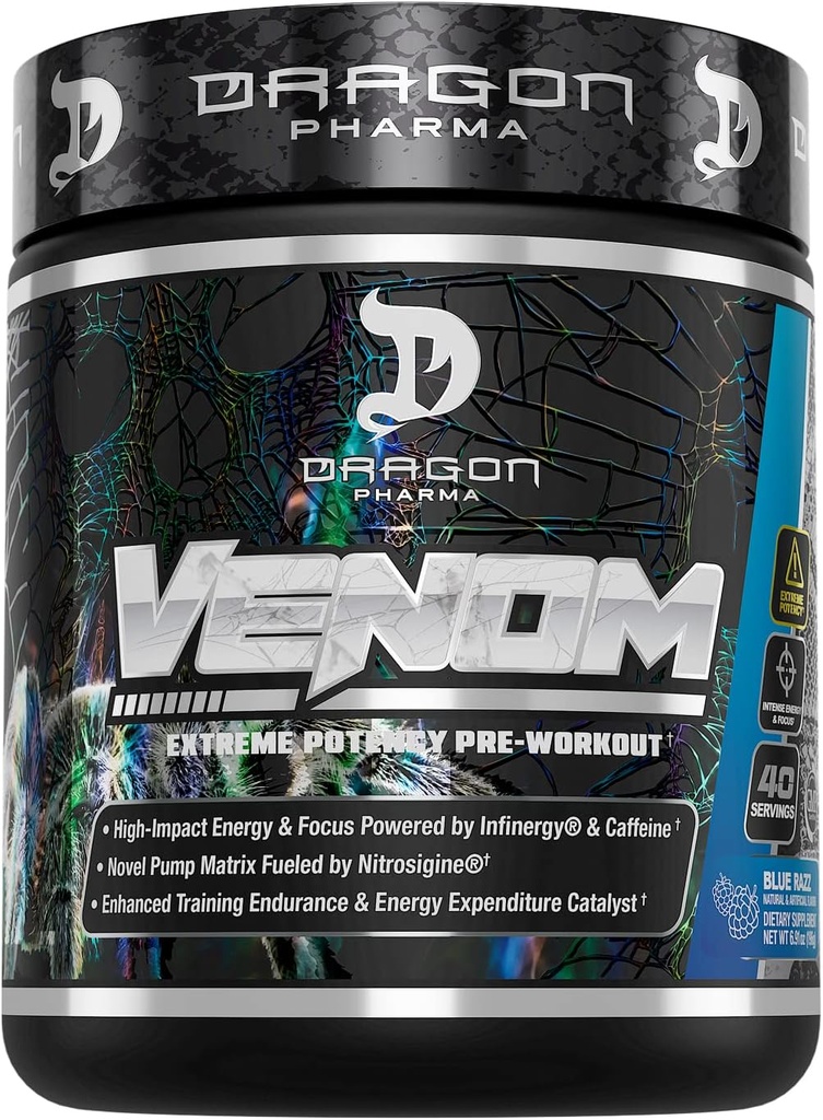 DRAGON PHARMA Venom Extreme Potency Pre-Workout, Laser Sharp Focus + Energy, Intense Performance, beprövade ingredienser för förbättrad vasodilation och uthållighet (40 portioner, blå hallon)