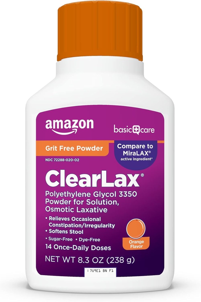 Basic Care ClearLax Polyethylene Glycol 3350 Powder for Solution, Orange Flavor, Osmotic Laxative, Stool Softener, Relieves Occasional Constipation, 8.3 uns (Pack av 1)
