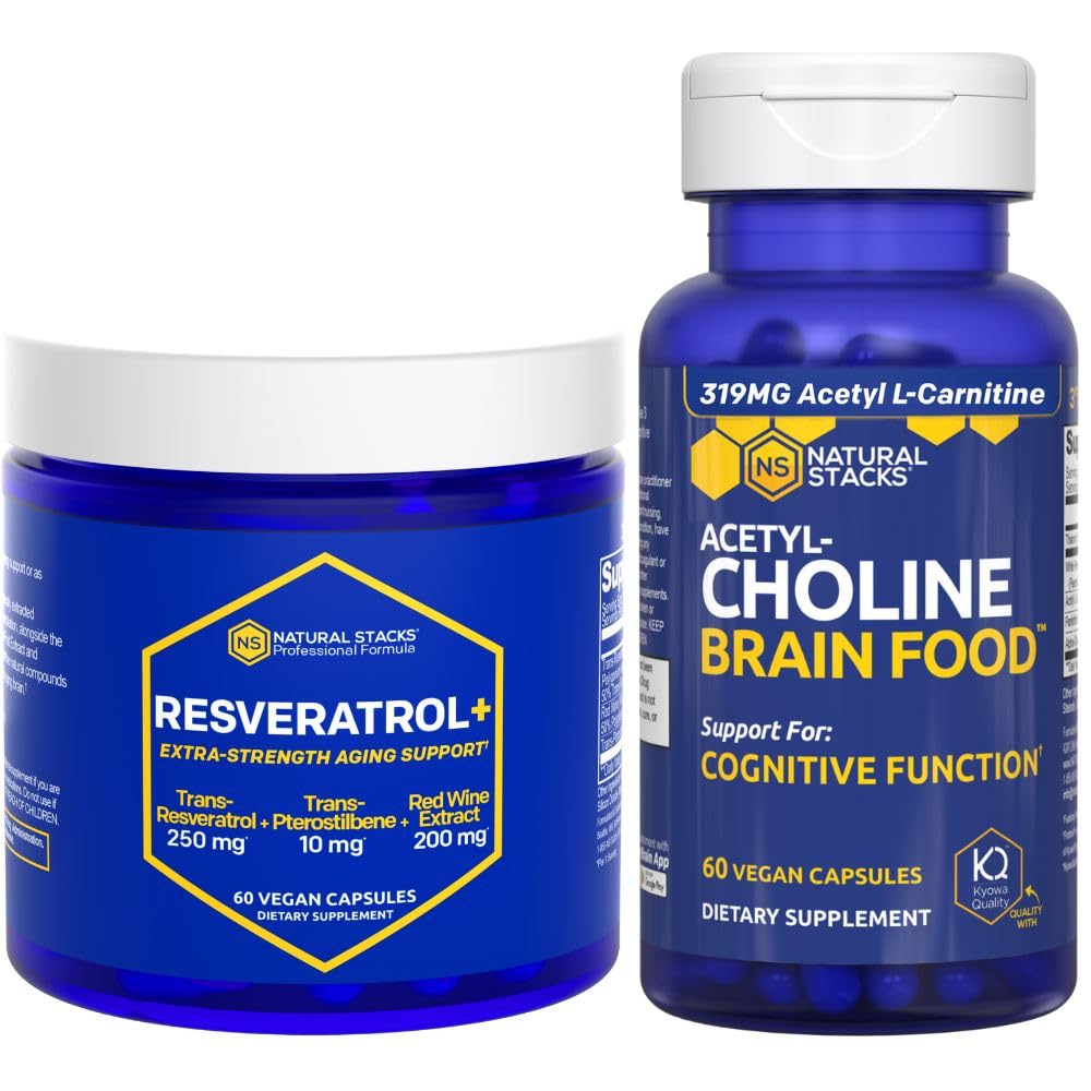 NATURAL STACKS Acetylkolin Brain Food + Resveratrol Supplement Bundle - Stöder kognitiv funktion och hjärnålder * - 120 Totala kapslar