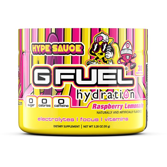G Fuel Hype Sauce Supreme Hydration, Electrolyte Powder Mix för energi och fokus, socker och koffeinfri tillskott med viktiga vitaminer och mineraler, Raspberry Lemonade smak, 3,3 oz - 30 portioner