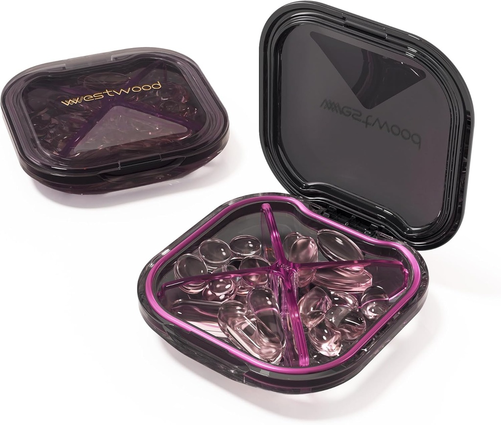 1 Pack Small Purple Pill Organizer, 4 Compartments, Compact Stylish Cute Travel Camping Pill Box Daily Medicine Pill Case, Portable och Moistureproof för att lagra vitaminer, Medicinering och tillägg