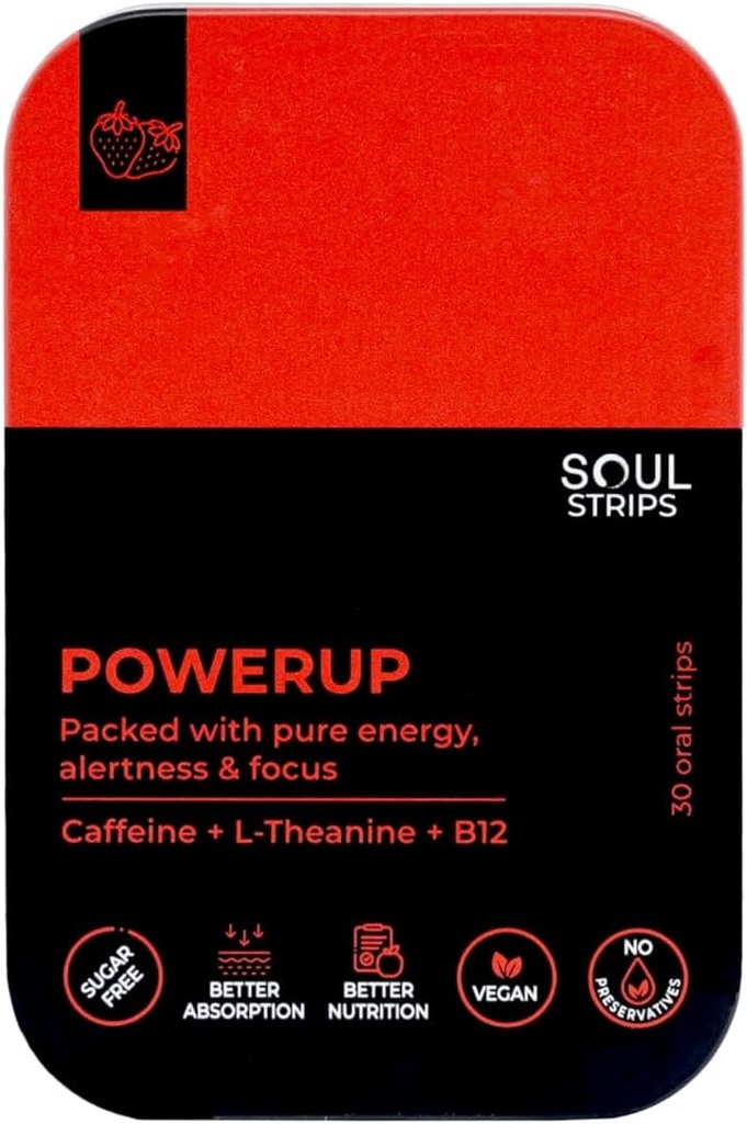 Soul Strips Power Up - Workout + Energy Oral Strips med koffein, L-Theanin, vitamin B12, jordgubbsmak, förbättrar metabolism, snabb Absorb, daglig användning, noll socker, Vegan, 30 Strips Pack