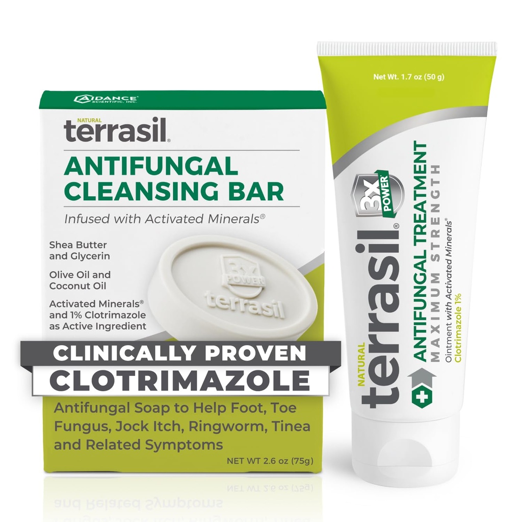 terrasil Antifungal Cream + Antifungal Soap 2-Product Kit Clinically-Proven Clotrimazole Effektiv behandling och lättnad: Jock Itch Athletes Foot Fungal Yeast Infection Ringworm (50g Tube & 75g bar)