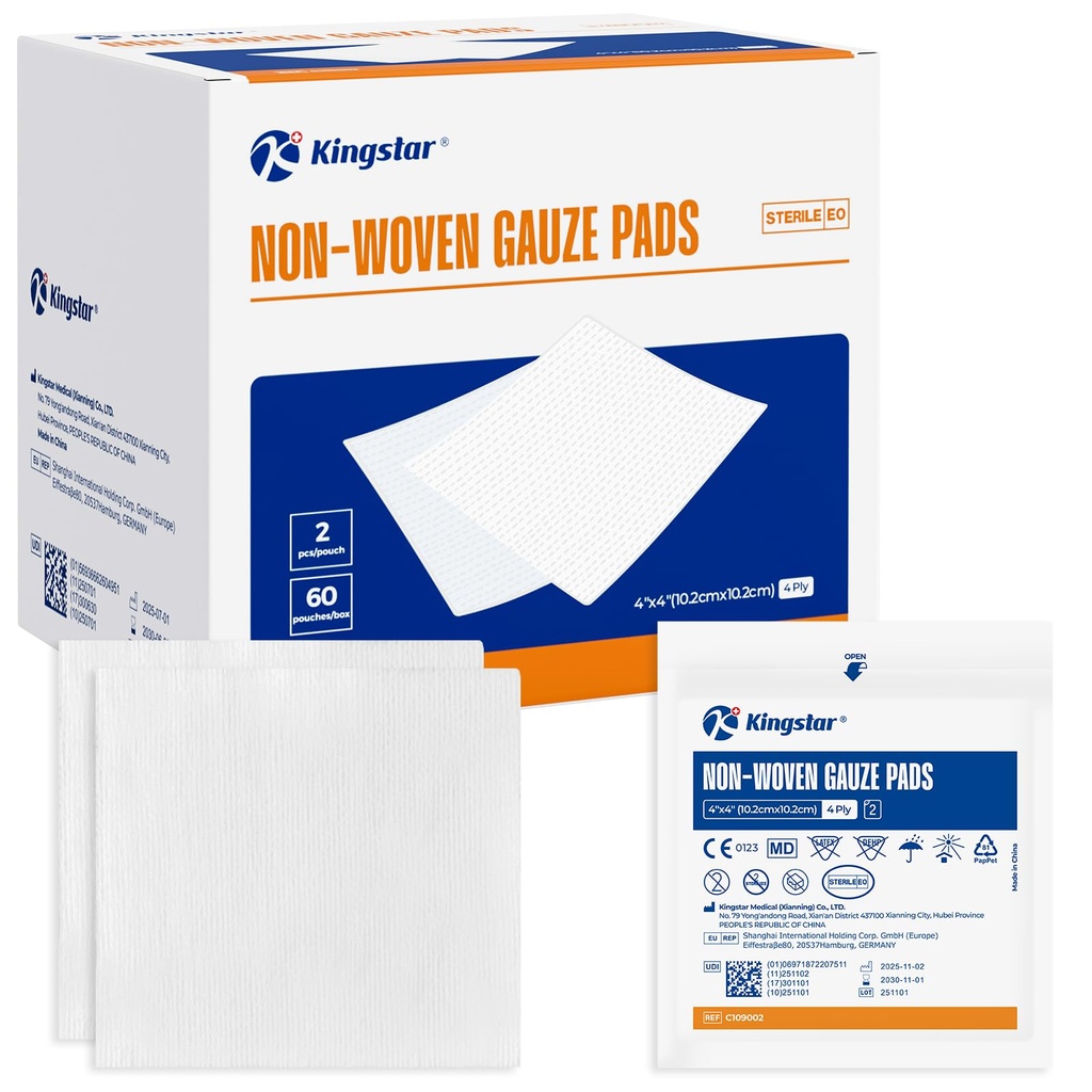 Kingstar Sterile Nonwoven Gauze Pads, 4 "x 4" Wound Dressing, 60 Packs - 120 Pieces Superior Soft Sponge Pads, Högre Absorbent Gauze Compresses för Trauma eller Post-Operative Wound Care