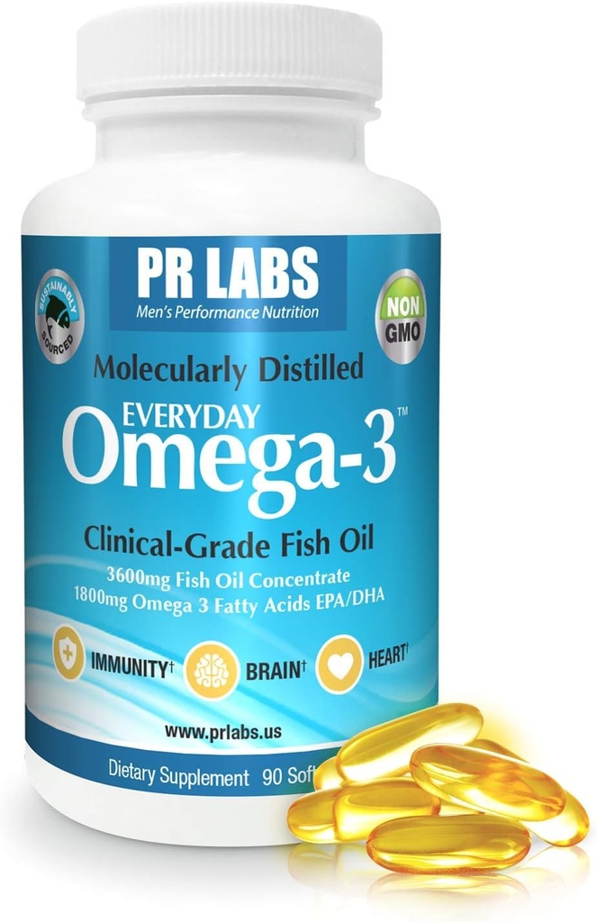 PR Labs - Everyday Omega-3 Clinical Grade Fish Oil Supplement för män - främjar hjärta, hjärna, immun och gemensamt stöd - hållbart källad och molekylärt destillerad - 1800mg EPA och DHA - 1 Pack